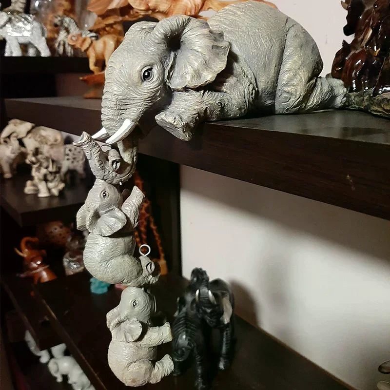 Resin Decorative Craft 3-piece Realistic Elephants Mother Hanging 2-Babies Figur