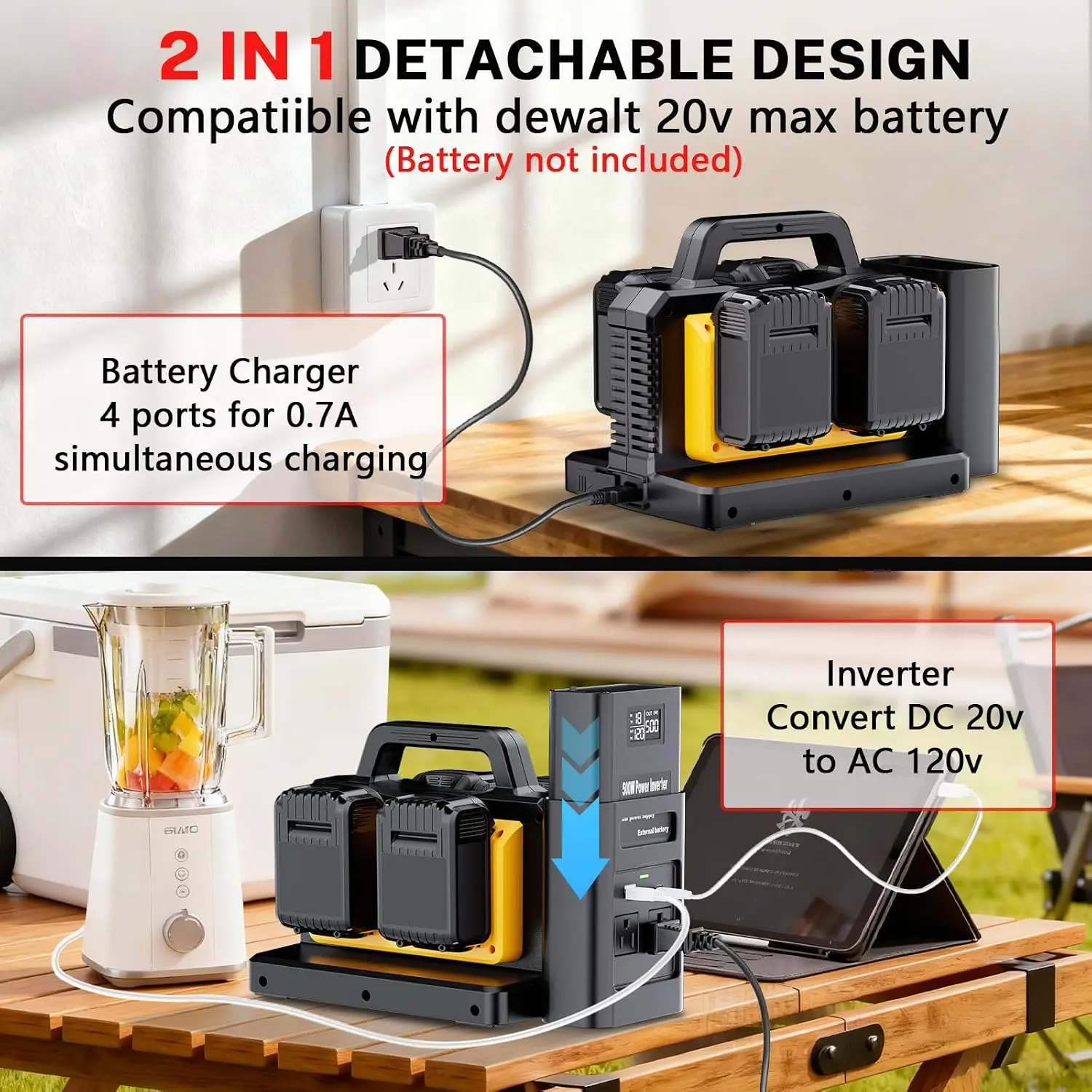 500W Pure Sine Wave Power Inverter for Dewalt 20V Battery 4-Ports DC 18V to AC 120V Car Charger Plug Inverter Adapter Converter
