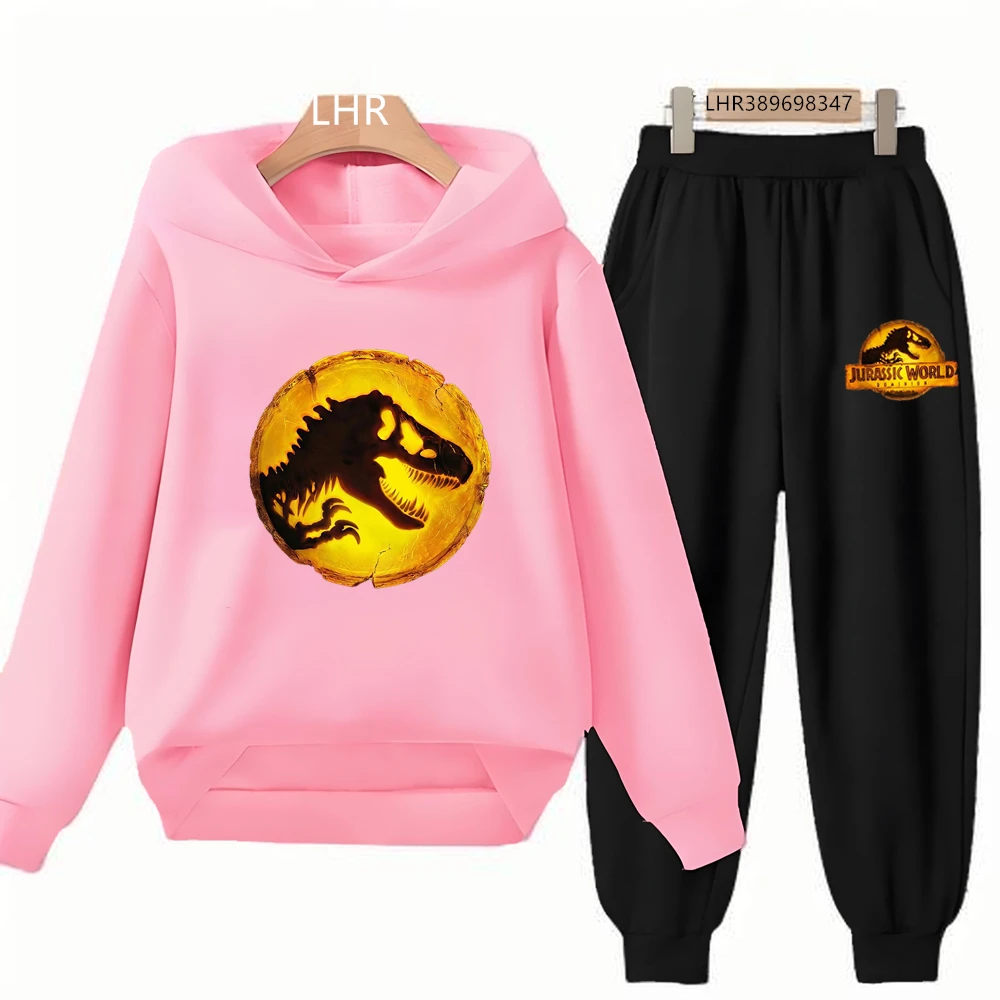 Children's Hoodies Dinosaur World Print Top+Bottom Boy Black Girls Pink Age 3-12 Coat Casual Toddler Suit Sweatshirt Clothing