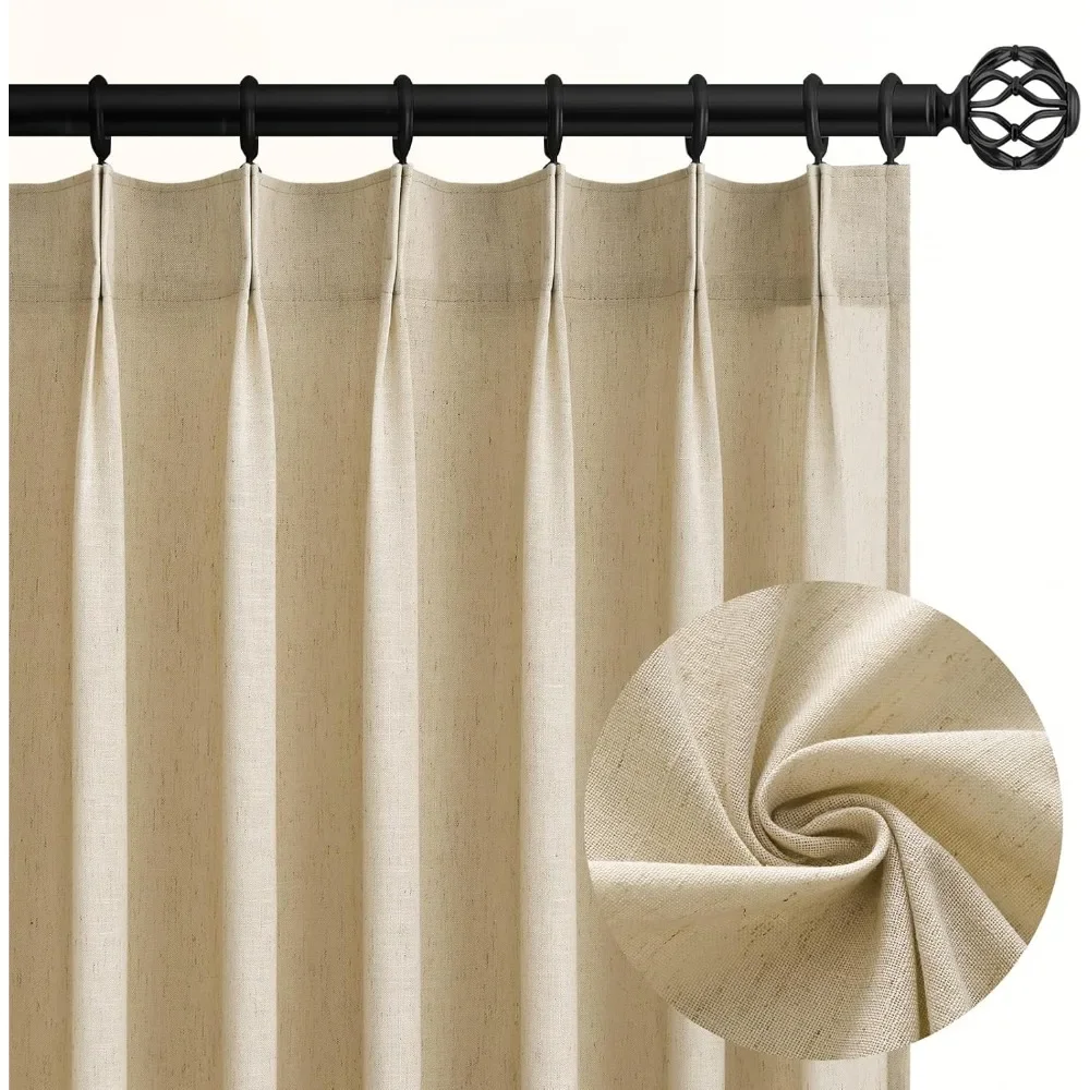 

Linen curtains 96 inches long for living room, pinch-pleated with header hook Blackout Translucent Lightweight Bedroom Curtains