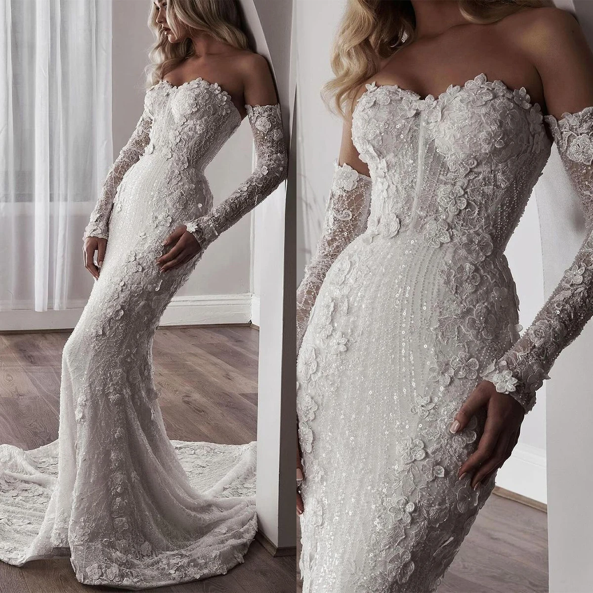 

Luxury Arabic Mermaid Wedding Dresses Strapless pearl Bridal Gown Lace Applique Sequined Dress Vestido De Novia Sweep Train