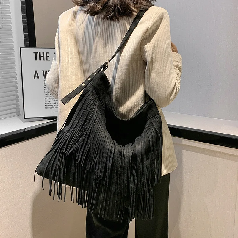 Sac à bandoulière en daim et cuir PU pour femmes, sac à bandoulière à franges, grande capacité, sac à main de voyage pour femmes