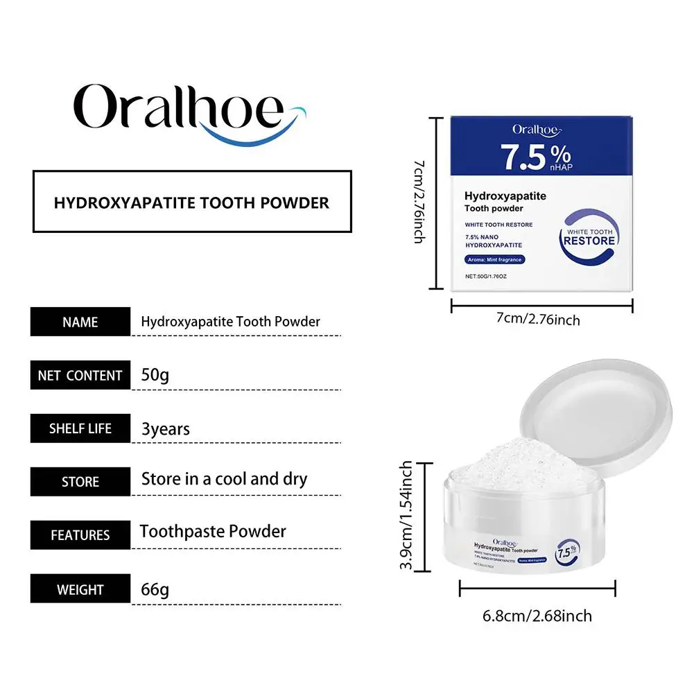 Polvo Blanqueador Dental Oralhoe de 50g Sin Flúor, Limpieza Profunda, Elimina Manchas Amarillas, Repara el Esmalte, Refr