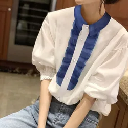 Korean Fashion Women's Spliced Contrast Color Button Blouse Summer Casual All-match Lantern Sleeve Loose Shirt Female Clothing