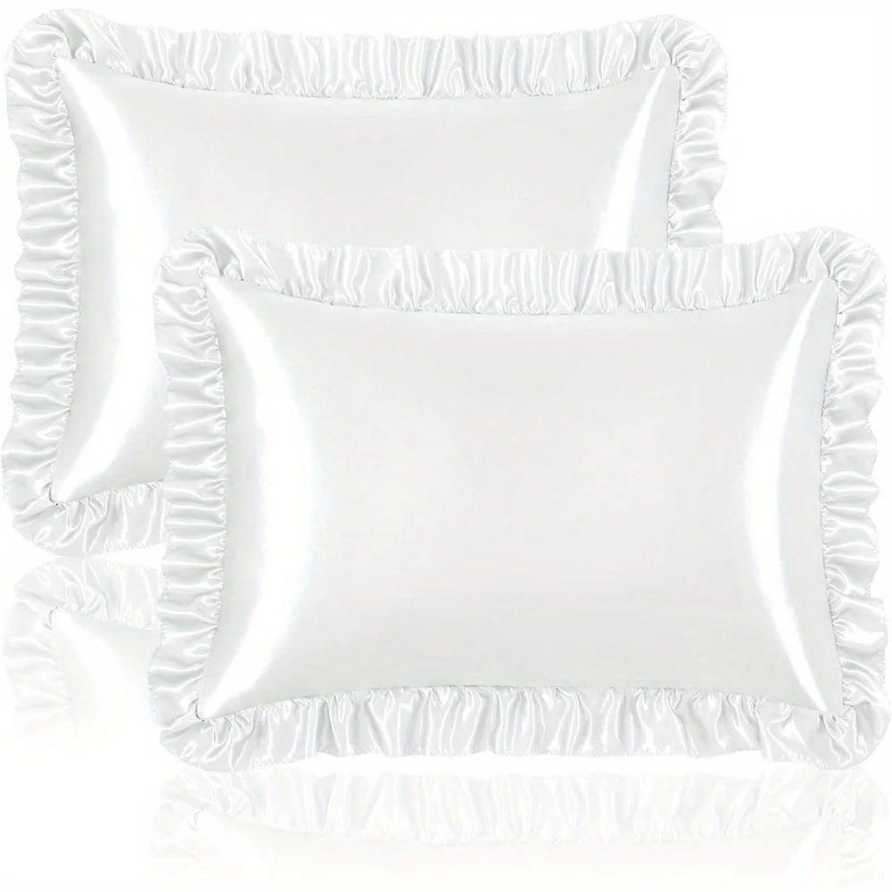 2 PCS Ruffle Satin Pillowcase for Hair and Skin, Silky Pillow Shams Satin Ruffled Pillowcase with Envelope Closure