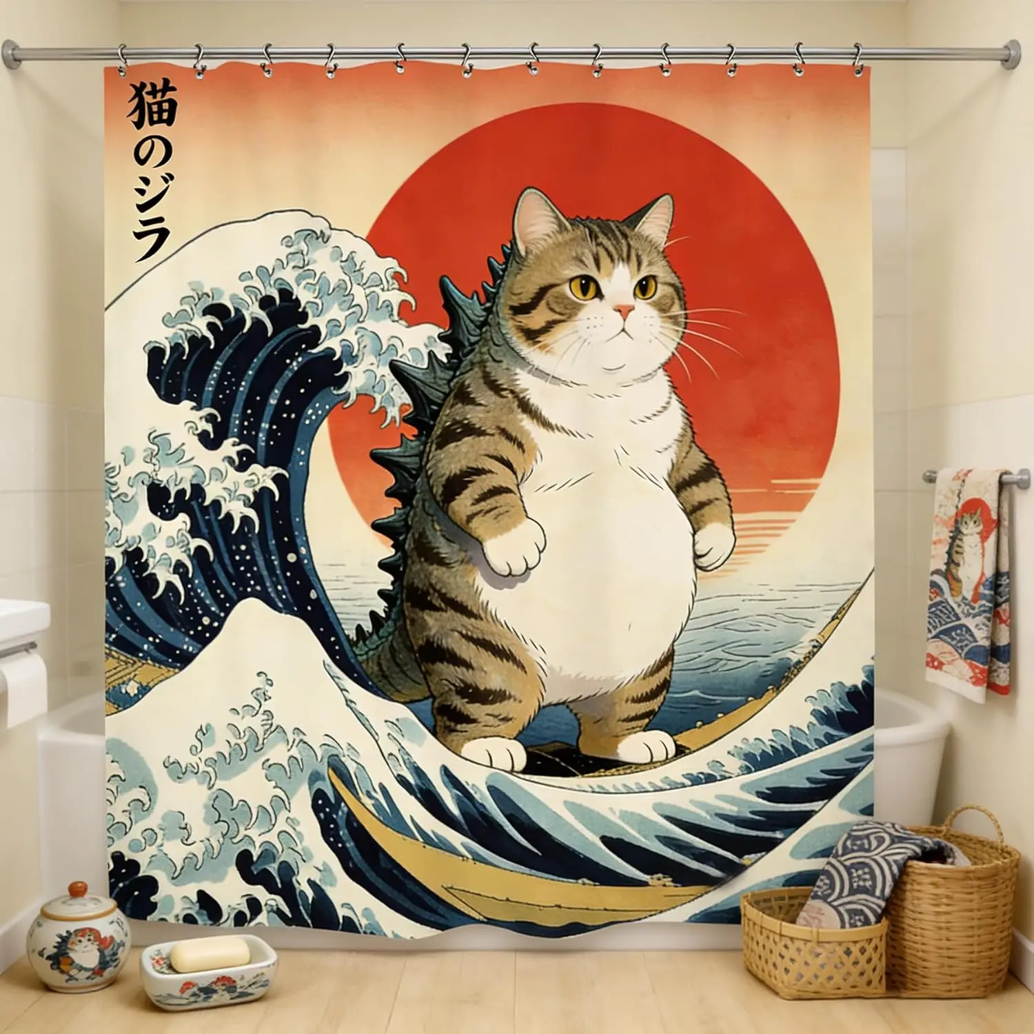 Funny Cat Wave Bathroom Shower Curtain Japanese Sea Ocean Hilarious Anime Animal Sunset Polyester Fabric 12 Plastic Hooks