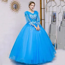 Customized Blue Ball Gown Women Evening Dresses Appliques Tulle Puff Sleeves Prom Birthday Party Gowns Formal Vestido De Fiesta