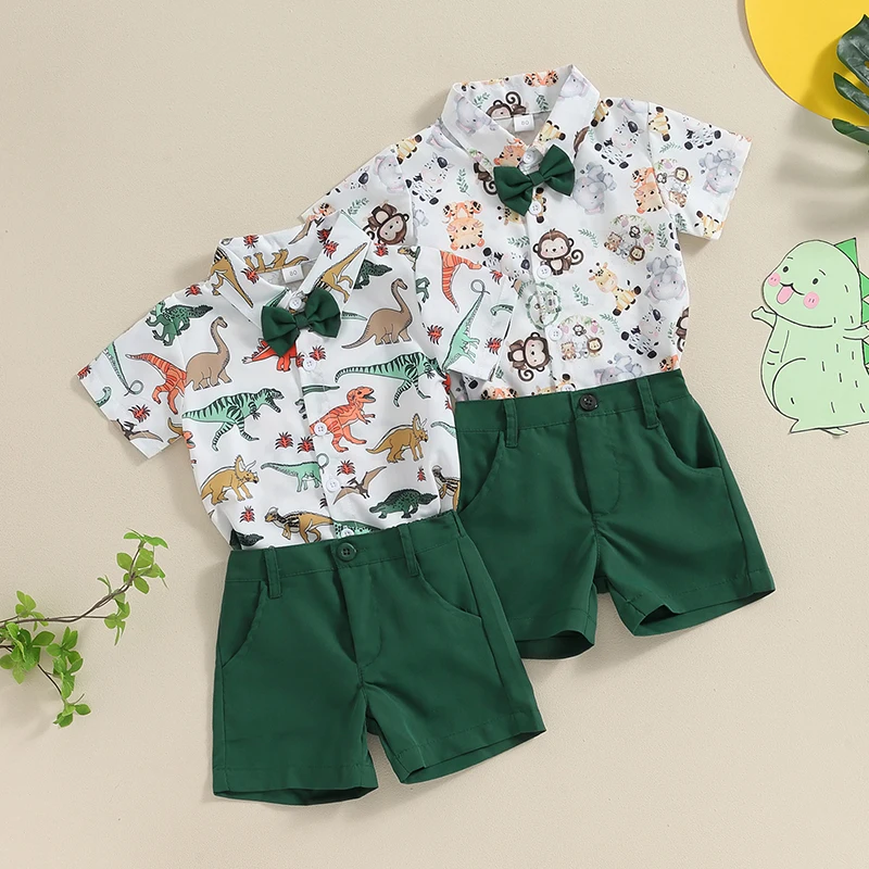 Baby Kids Clothes Boys Short Sleeve Animal Print Bow Tie Shirt with Shorts Set Toddler Summer gentleman ​Outfit Clothes