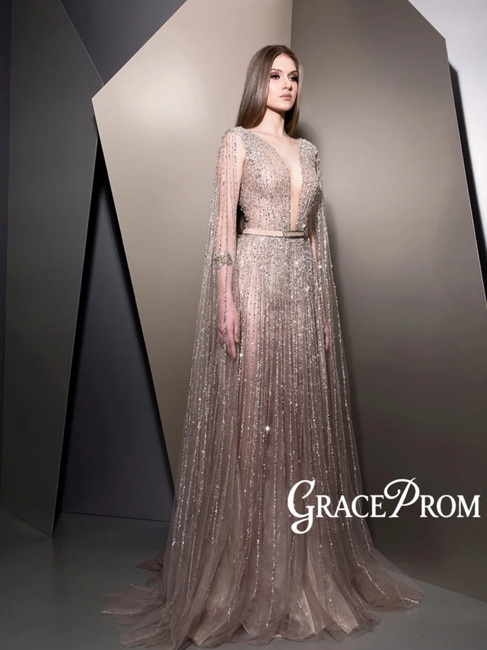 

Glamorous A-line Beaded Evening Dress Vintage V-neck Cape Sleeve Mother Of The Bride Dresses For Wedding Customized Stylish Gown