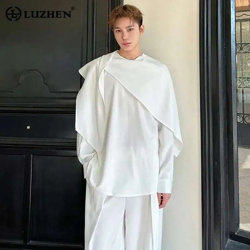 

LUZHEN 2025 Spring New Personalized Shawl Patchwork Design Long Sleeve Shirts Men Stylish Elegant Solid Color Casual Tops LZ9540