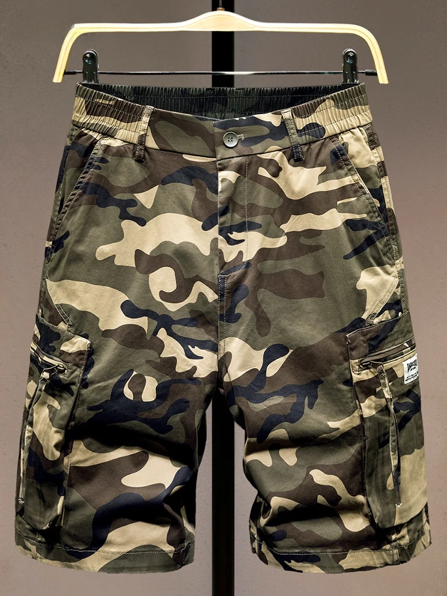 

Khaki Camouflage Workwear orts Men's Summer Trendy Loose Straight Five-Quarter Elastic Casual Mid-Length Pants