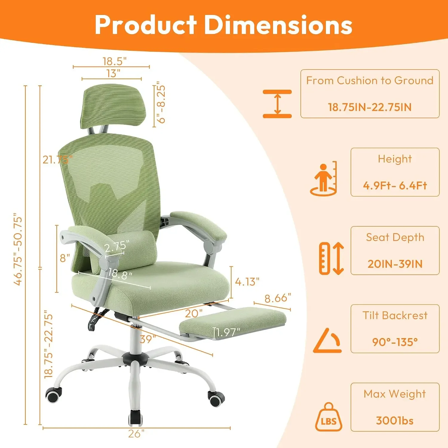 Home Office Desk Chair, Comfortable Mesh Chair with Foot Rest, Light Green