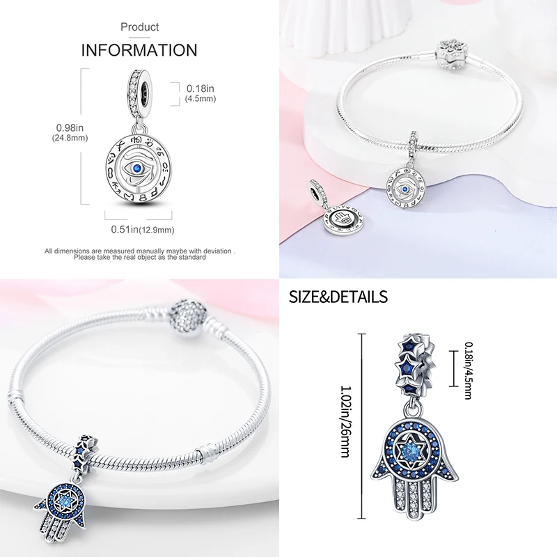 Hot Sell 925 Silver Color Sparkling Blue Demon Eyes Fatima Hand Charms Fit For Pan Original Bracelet DIY Fine Jewelry Making