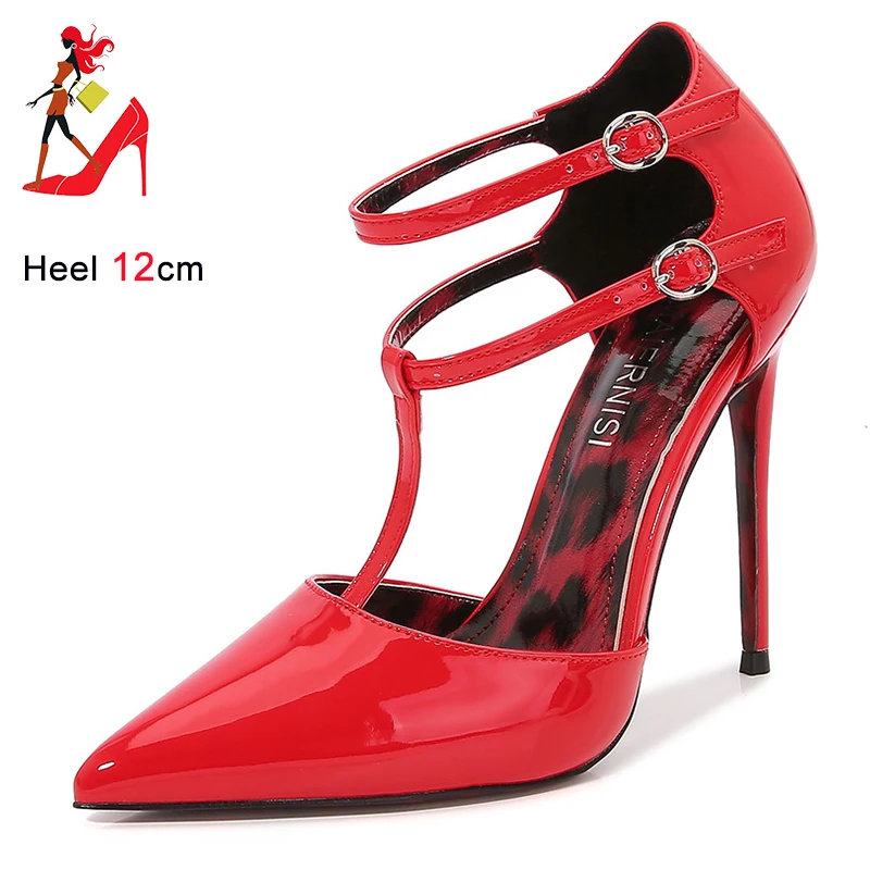 New 12CM Super High Heels Designer Ankle Strap Sandals Plus Size 46 Wedding Party Shoe Sexy T Strap Pointed Toe OL Women Shoes