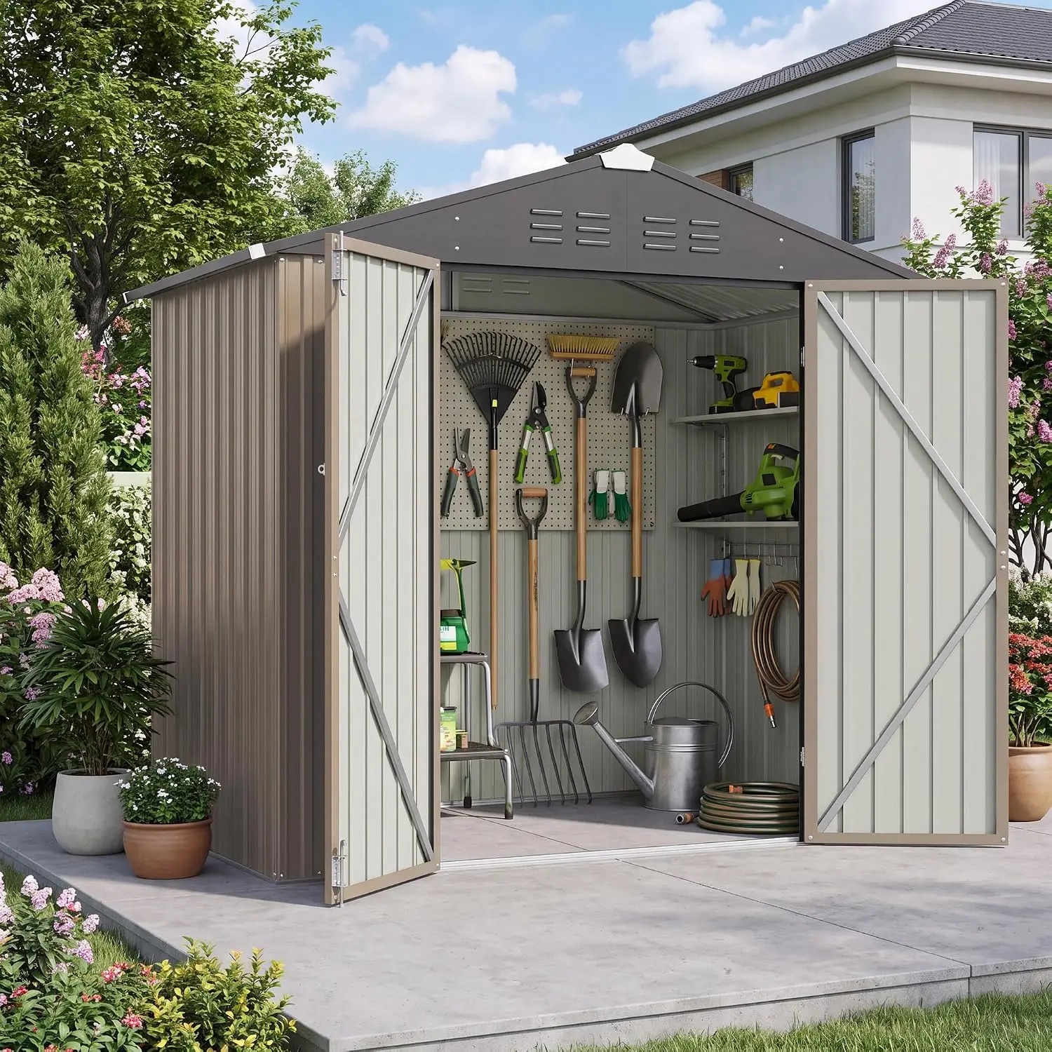 Outdoor Metal Sheds, Lockable Door, Sloping Roof, Breathable Vents, Waterproof Outside Utility Shed For Patio Lawn Backyard