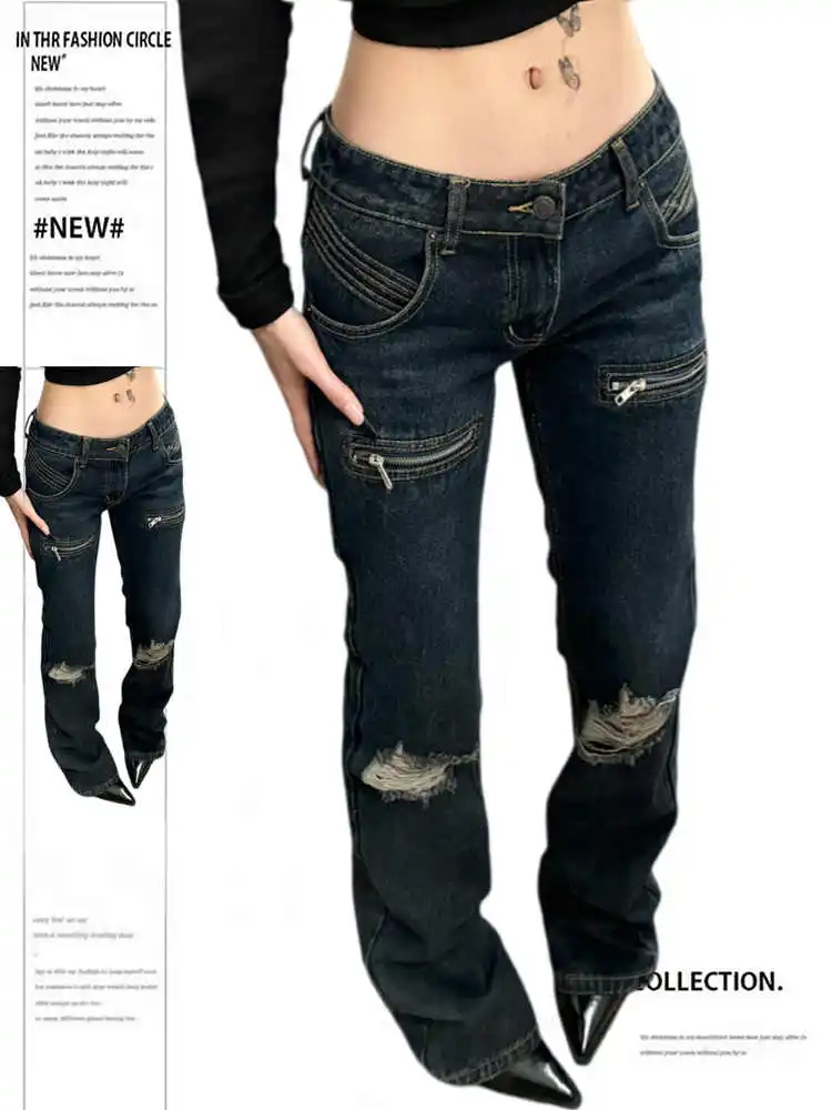 

Women's Low Rise Jeans Hole Punk Designer Denim Pants Japanese Abi Y2k Gyaru Cowboy American Retro Skinny Jeans High Quality New