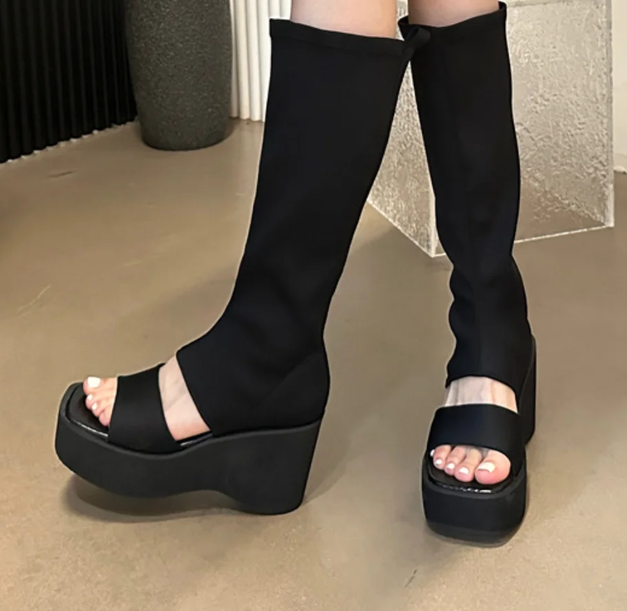 2023 Autumn Open Toe Knee High Boots Gladiator Sandals Fretwork Stretch Booties Platform Wedge Heel Slip On Shoes Thick Sole