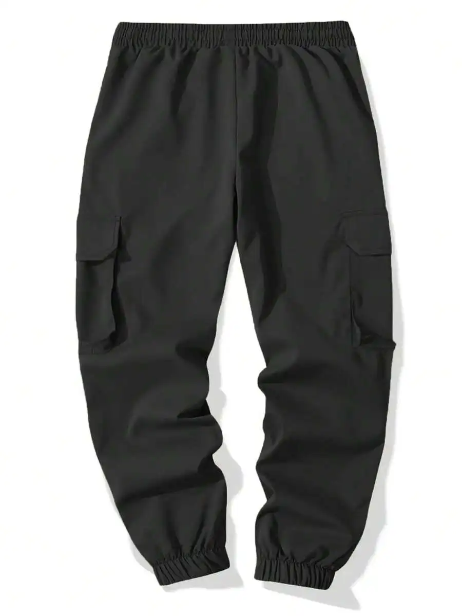 Manfinity Homme Men's Solid Color Drawstring Waist Cargo Pants, Men Slim Fitted Elastic Pants, For Fall