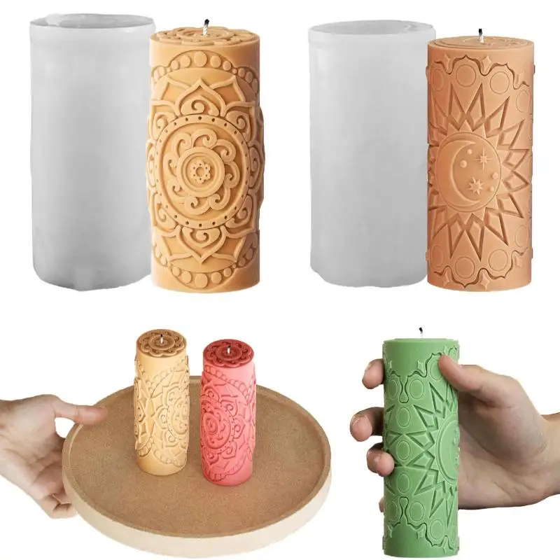 3D Relief Sun Moon Star Pillar Candle Mold Silicone Astrology Witchcraft Candle Making Mould For DIY Soy Wax Candles Home Decor