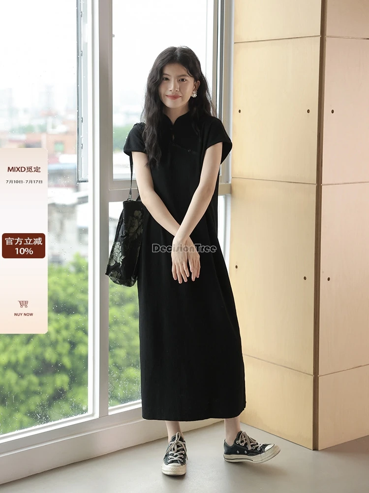 

2025 new chinese traditional style button-up cheongsam black dress women summer long short sleeve loose long qipao dress t001