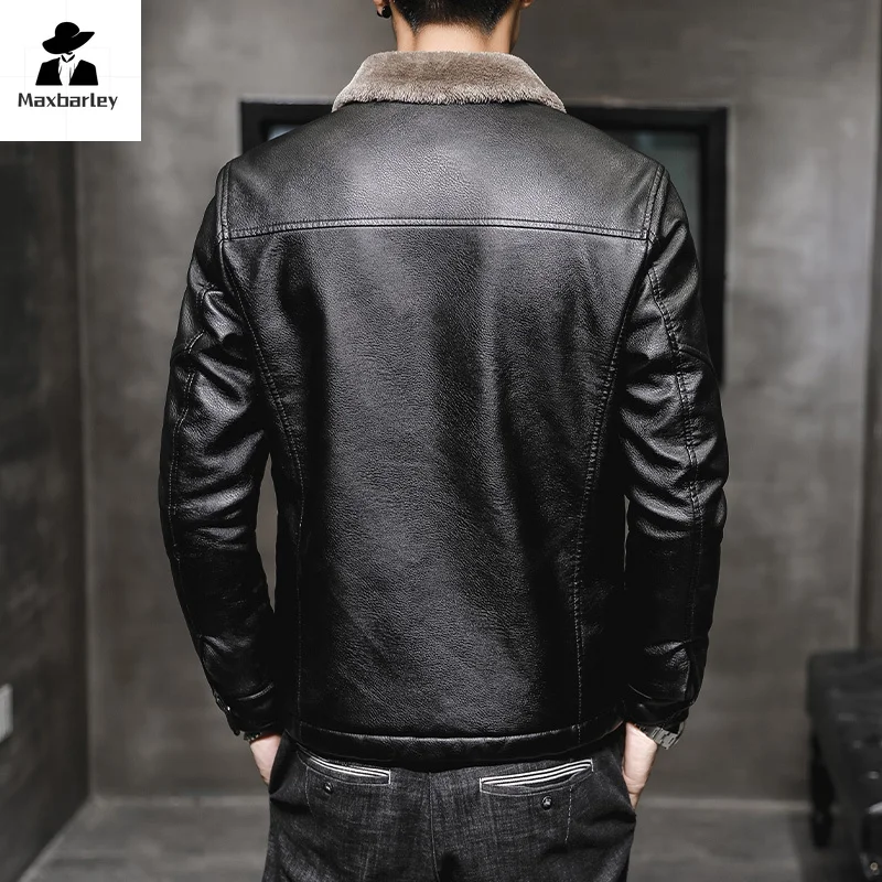 2024 Men's Leather Coat Winter Large Size Jacket with Fur Collar and Long Sleeve Wool Lining Casual Motorcycle PU Leather Coats
