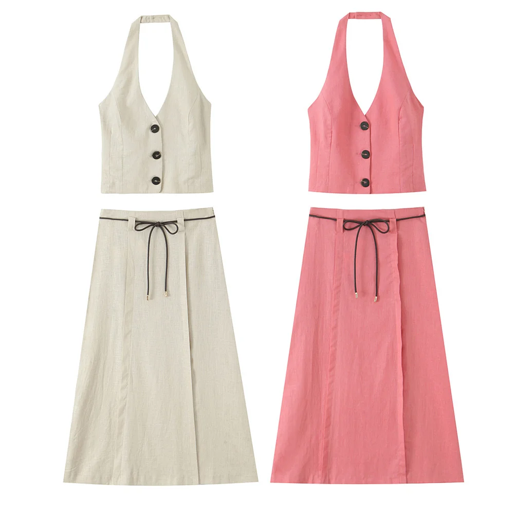 

Summer New Product: European and American Style Women's Sleeveless Top with Belt and Flute Dress