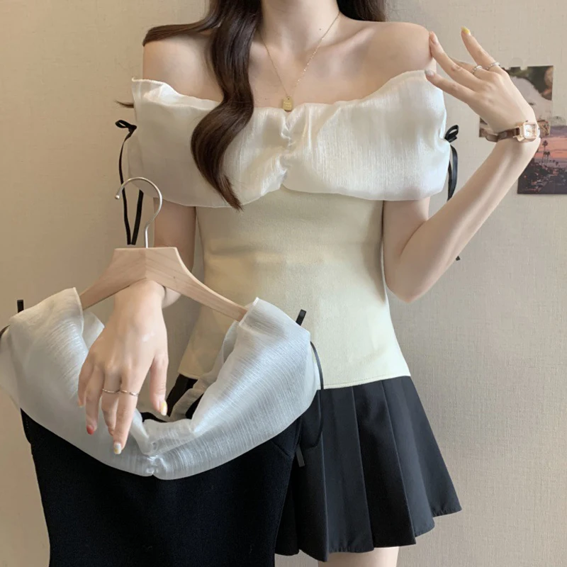 

Women's Tops Off-shoulder Flowing Sleeveless Square Neck One-shoulder Chiffon Summer Slim Short T-shirt