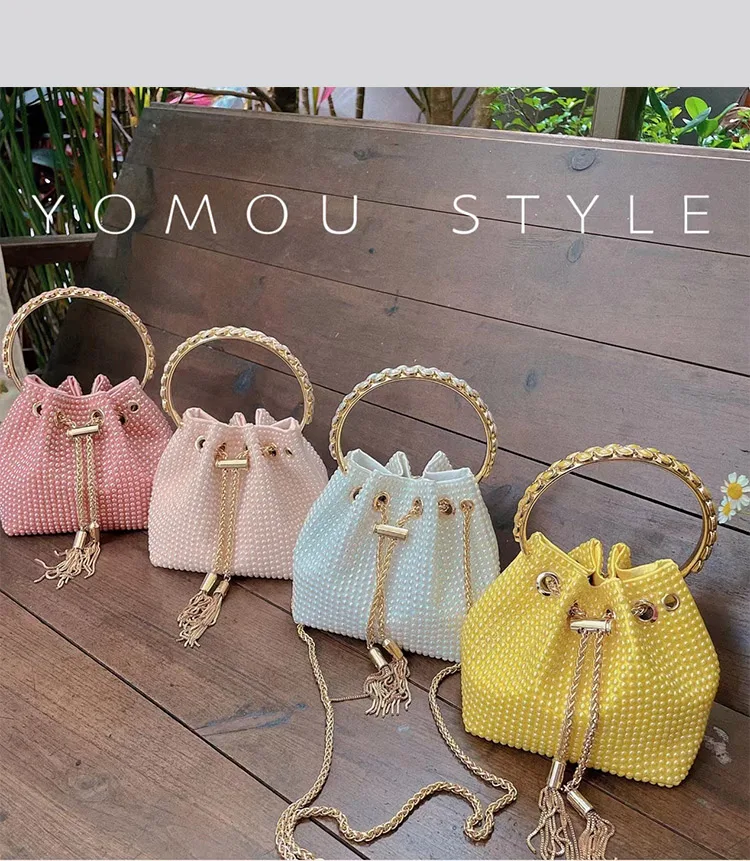 Fashion Ceramic Beads Beaded Shoulder Crossbody Bag Metal Ring Handle Women's Handbag Evening Clutch Bag Lady Purse Bucket Bag