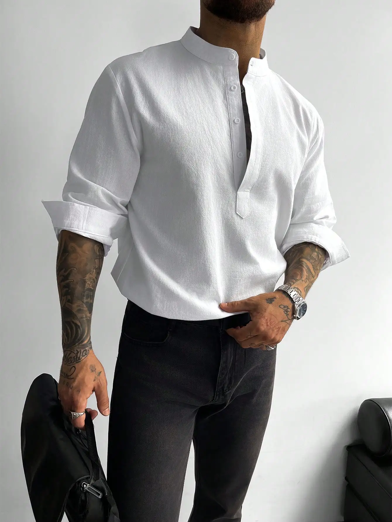 

Men's White Loose Fit Long Sleeve Shirt with Half-Open Collar, 100% Cotton Breathable Casual Top