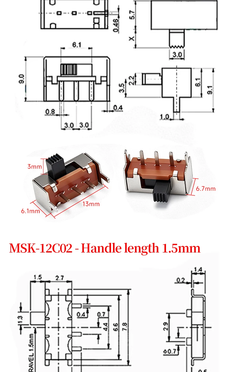 5 Stück Mini-SPDT-Schiebe-Kippschaltergriff 3/5mm MSS-22D018 SS-12D00 SK-22D07 MSK-12C02 SS-12F44 MSK23D19 - Elektronisches Bauteil – Detail 6