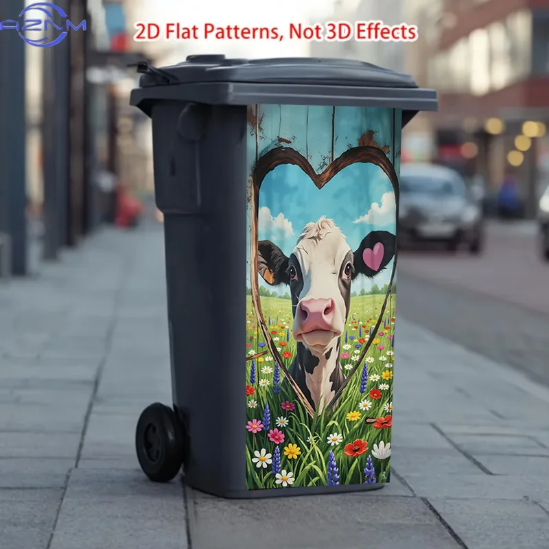 2D Flat Trash Can Sticker, Heart Frame Flower Field Cow Pattern, Self-Adhesive Outdoor Trash Can Decoration, Suitable for Cour
