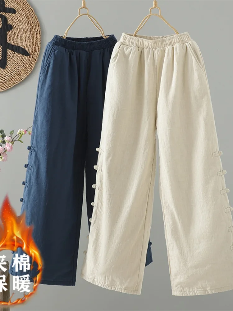 Thiened 리넨 코튼 팬츠 여성용 겨울 캐주얼 스트레이트 레그 따뜻한 스포츠웨어 아우터웨어 하이 웨이스트 롱 트라우저