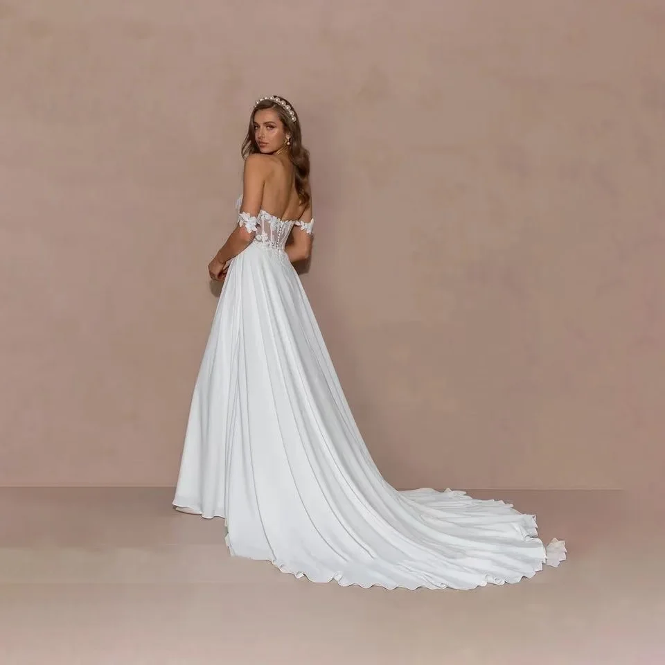 Vestido de novia personalizado con hombros descubiertos, corte en A, ilusión de encaje, escote corazón, espalda descubierta, abertura larga, vestidos de novia para mujer