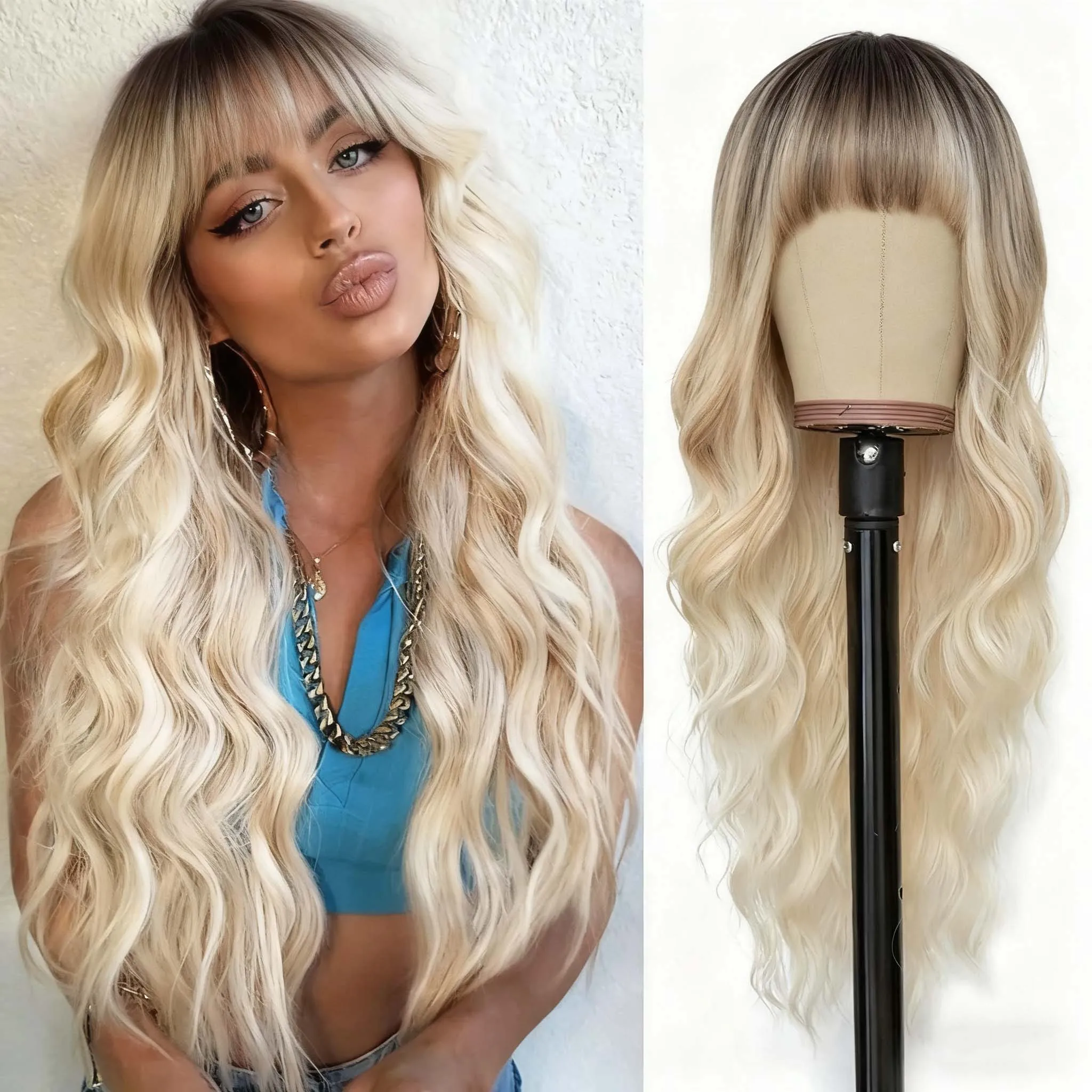 Women's Synthetic Long Lace Ombre Platinum Blonde Wavy Wig