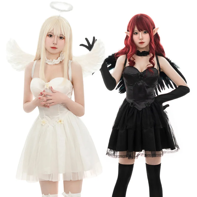 

Halloween Dark Angel Costumes Cosplay Sexy Fallen Black White Angel Demon Mesh Dresses Carnival Masquerade Role Playing Costumes