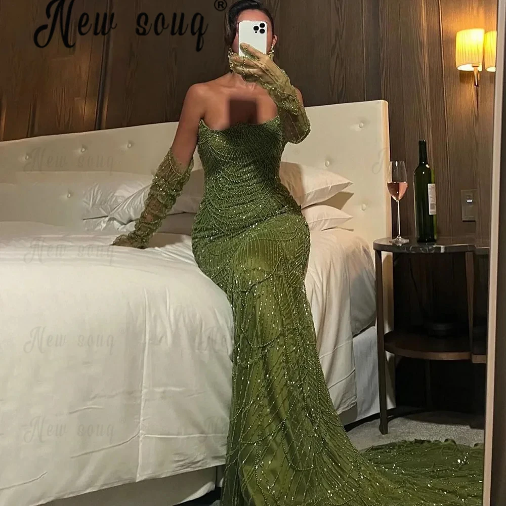 High-end Green Cocktail Dress Sparkling Mermaid Long Wedding Party Gowns Dubai Engagement Prom Gowns Second Reception Dresses