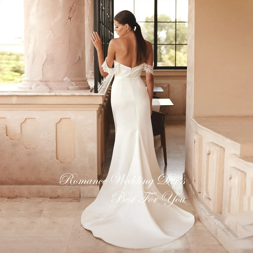 클래식 플리츠 머메이드 웨딩드레스 여성 레이스 보트넥 오프숄더 하이 사이드 슬릿 오픈백 베스티도스 데 노비아 맞춤 제작
