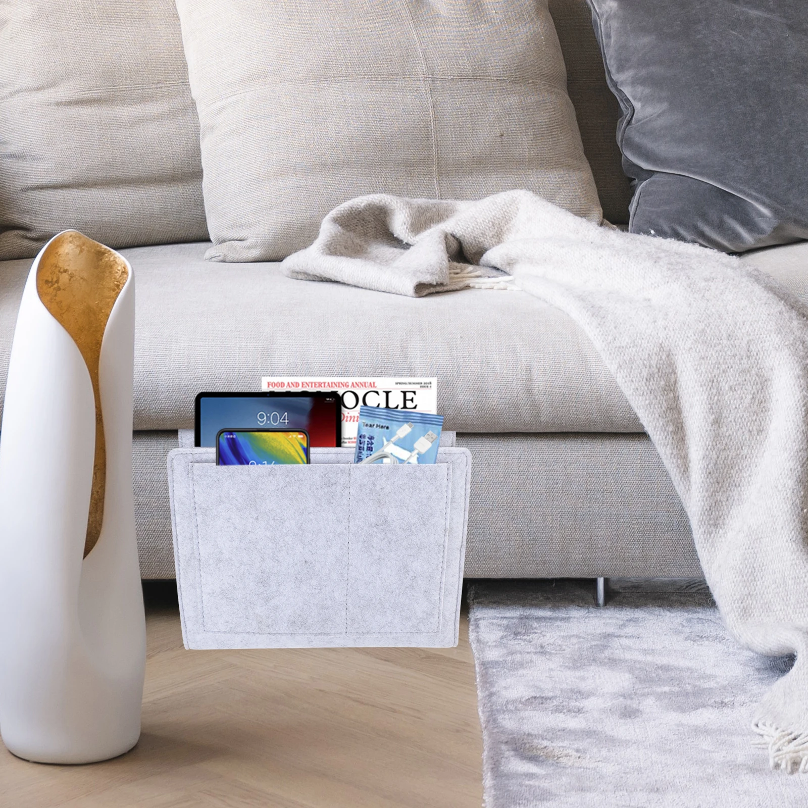 

Bedside Storage Pouch Felt Hanging Organizer For Phone Tablet Books Home Sofa Desk Dormitory Multifunctional Pocket