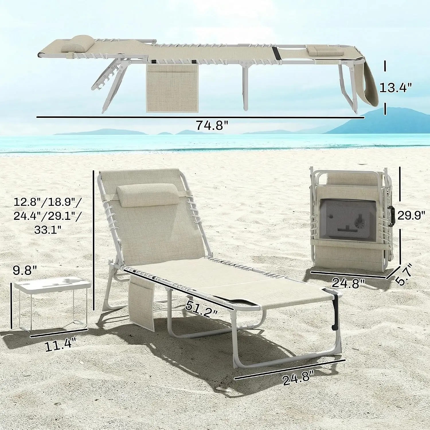 Tanning Chair With Face Hole Breathable Mesh Beige Folding Beach Lounge Chair Side Table 5 Position Reclining Chaise Portable Recliner Outdoor Camping Pool