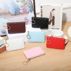 1Pc Women PU Leather Zip Coin Wallet Key Chain Fashion Small Purse Diamond Pattern Short Change Pouch Coin Purse Card Holder