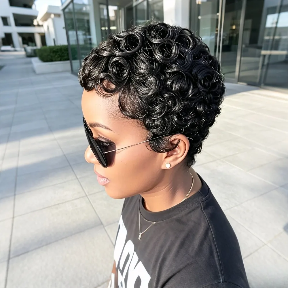 Natural Black Short Curly Pixie Cut Brazilian Remy Human Hair Wig for Black Women, Full Machine Made Glueless Wig Chic Hairstyle