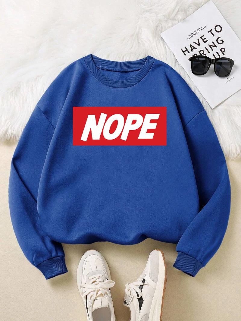 

Nopesweatshirts Womens White Letter Printed Hoodies Crewneck Loose Fleece Warm Tops Winter Comfortable Pullover Woman Clothes