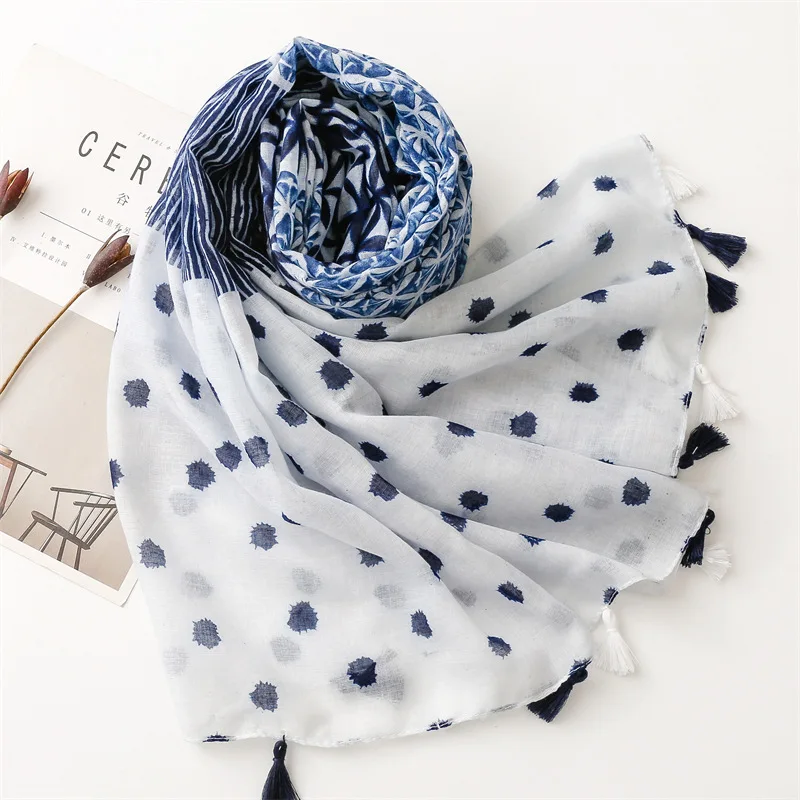 KYQIAO Luxury fashion woman scarves elegant long polka dot patchwork hijab scarf white blue patchwork women's head scarf