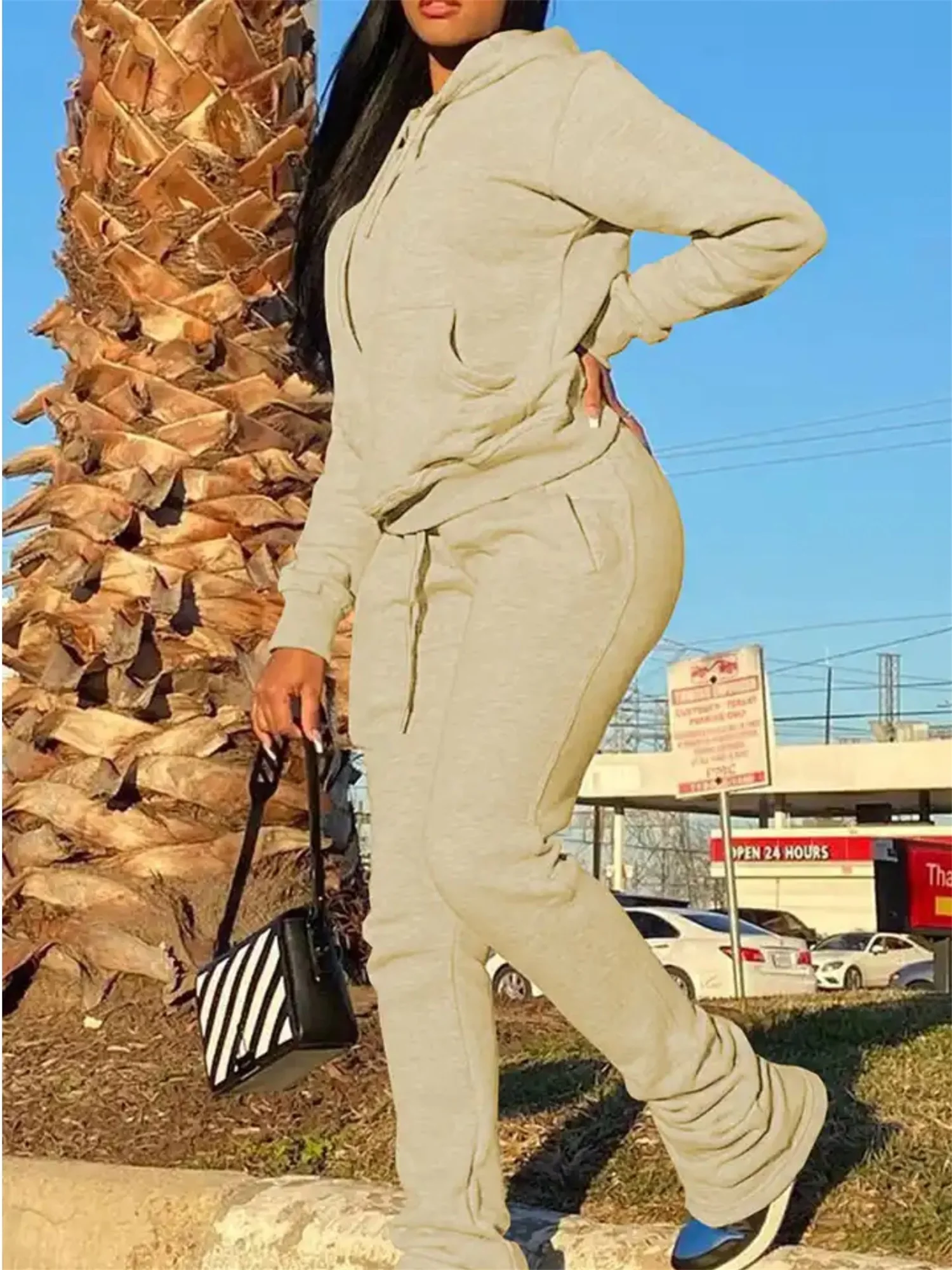 LW Plus Size Plain Sweatsuits Autumn Winter BASICS 2 Piece Tracksuit Kangaroo Pocket Hoody&Stacked Pants Matching Outfits