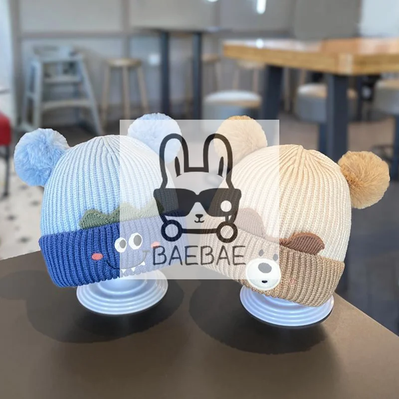 

Детская вязаная шапка с милым медведем, защитная шапка для ушей, детская зимняя утолщенная теплая вязаная шапка в Корейском стиле, детская шапка