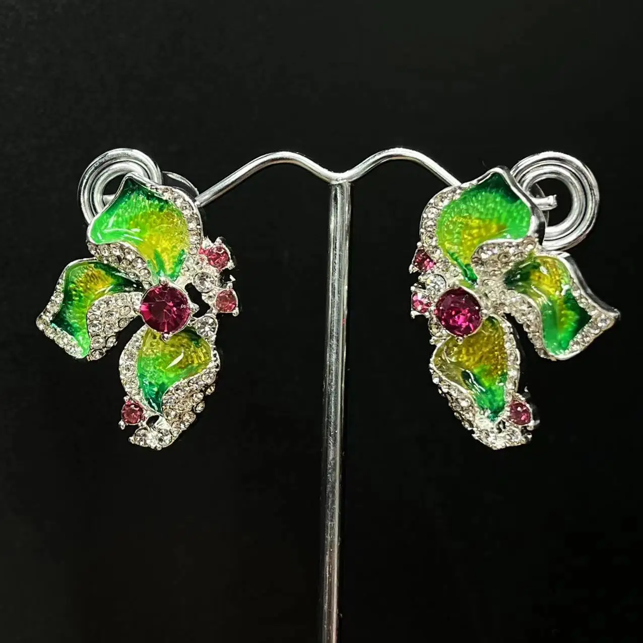 Vintage Palace Style Tender Green Flower Enamel Earrings