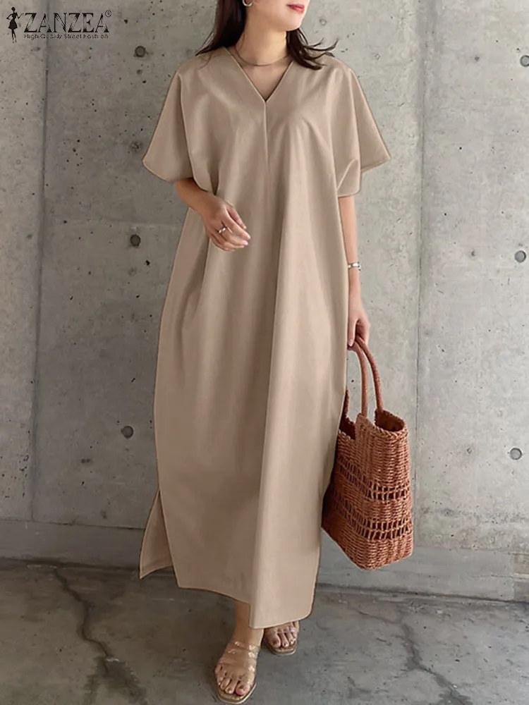 ZANZEA Summer Fashion Solid Dress Women Half Sleeve V Neck Sundress Causal Loose Work Holiday Vestidos Robe Elegant Midi Dresses