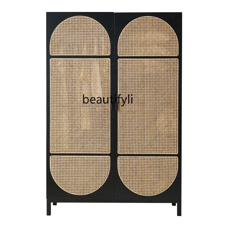 

Solid Wood Rattan Storage Wardrobe Simple Modern Retro Cabinet Bed & Breakfast Bedroom Double Door Clothing Cabinet