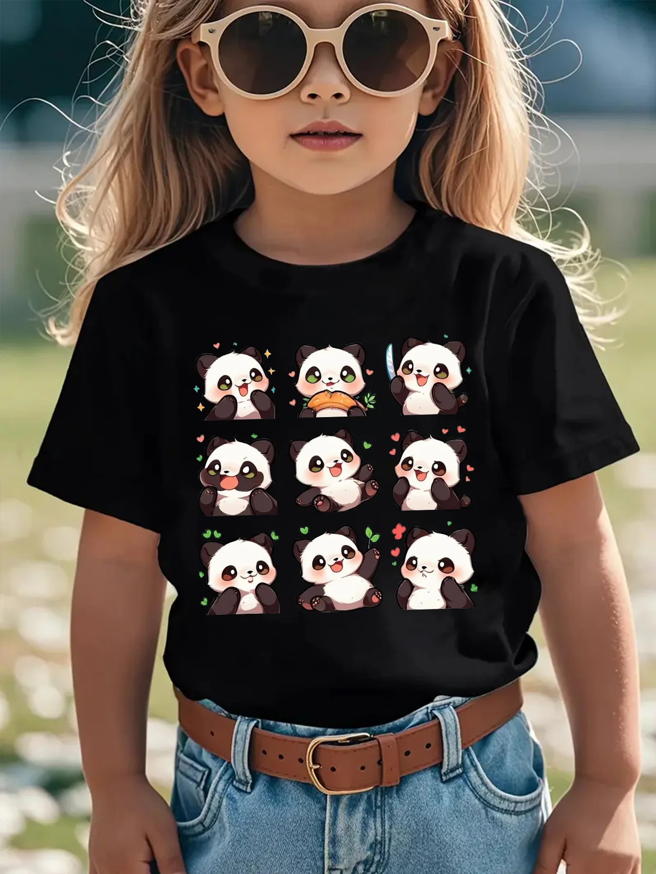 Nine Cute Cartoon Panda Bamboo Heart Grid Print Family Matching Cotton Tees Short Sleeve Tops For Mom Dad Boys Girls Daily Wear