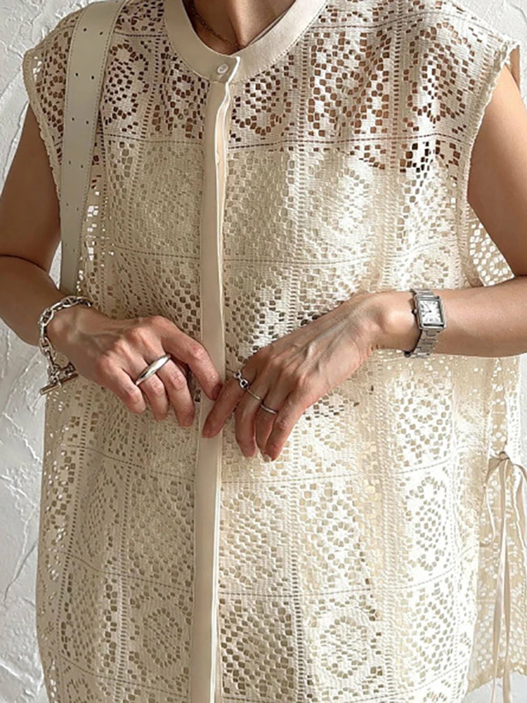 

Sexy Lace Hollow Out Autumn Women's Cardigan Simple Solid Color Temperament Party Top Fashion High Street Button Loose Blouses